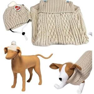 NEW Dog PET SWEATER & HAT OUTFIT SET Medium Cream Knit Boots & Barkley 2pc Set